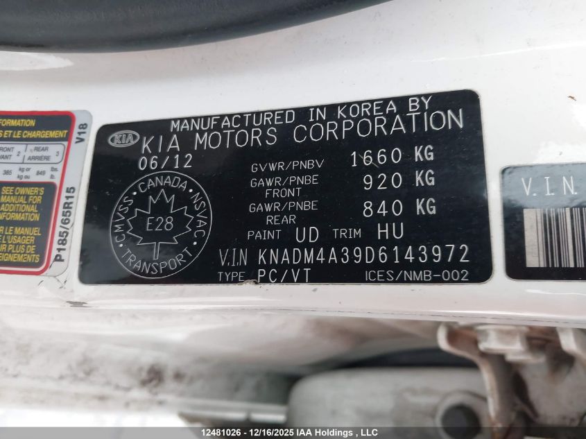 2013 Kia Rio VIN: KNADM4A39D6143972 Lot: 12481026