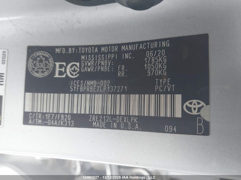 2020 Toyota Corolla VIN: 5YFBPRBE7LP137271 Lot: 12481027