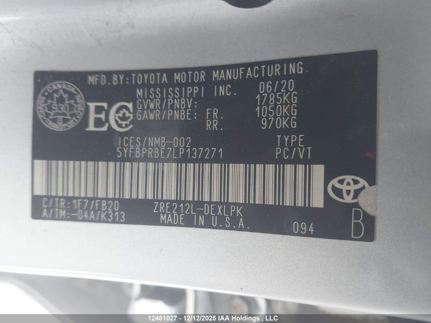 2020 Toyota Corolla VIN: 5YFBPRBE7LP137271 Lot: 12481027