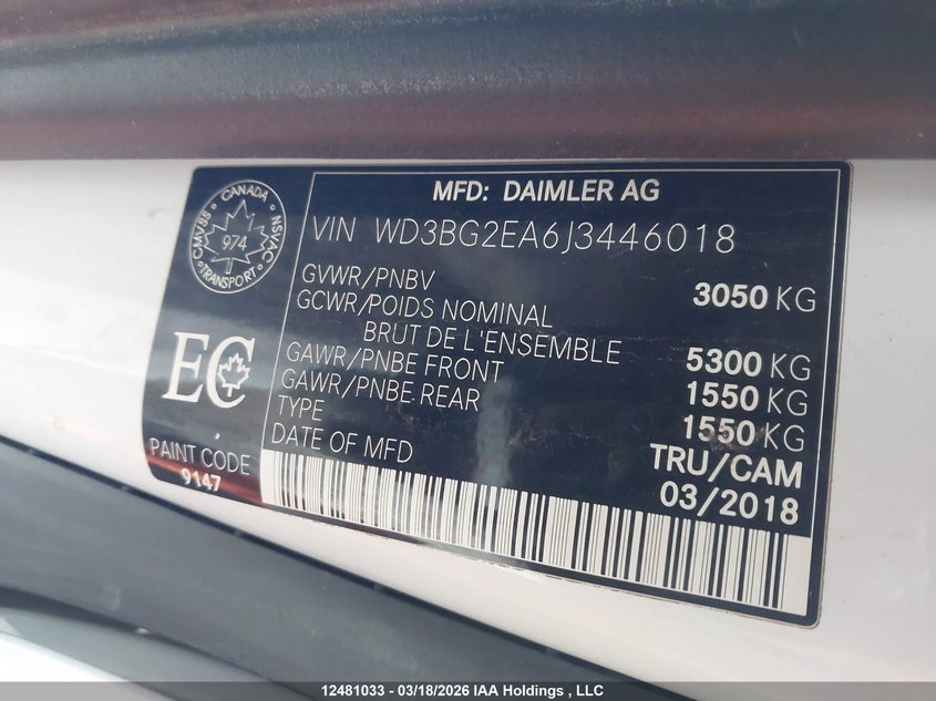 2018 Mercedes-Benz Metris VIN: WD3BG2EA6J3446018 Lot: 12481033
