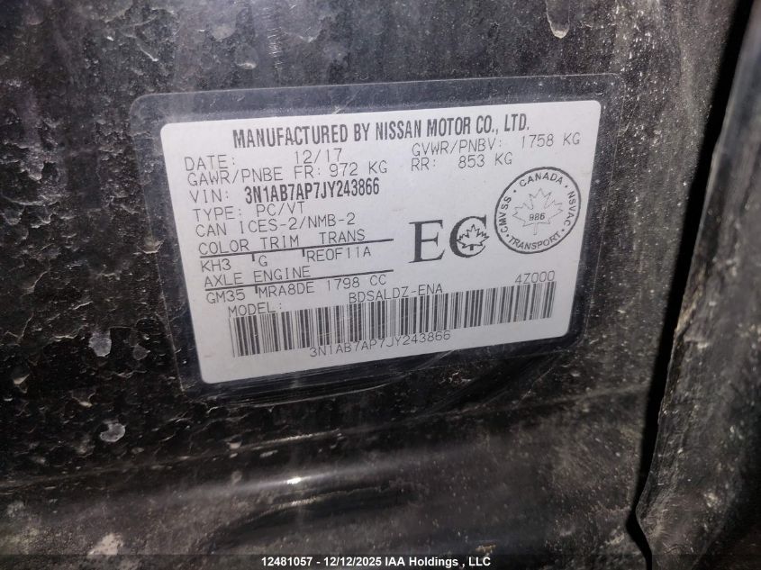 2018 Nissan Sentra S/Sv/Sr/Sl VIN: 3N1AB7AP7JY243866 Lot: 12481057