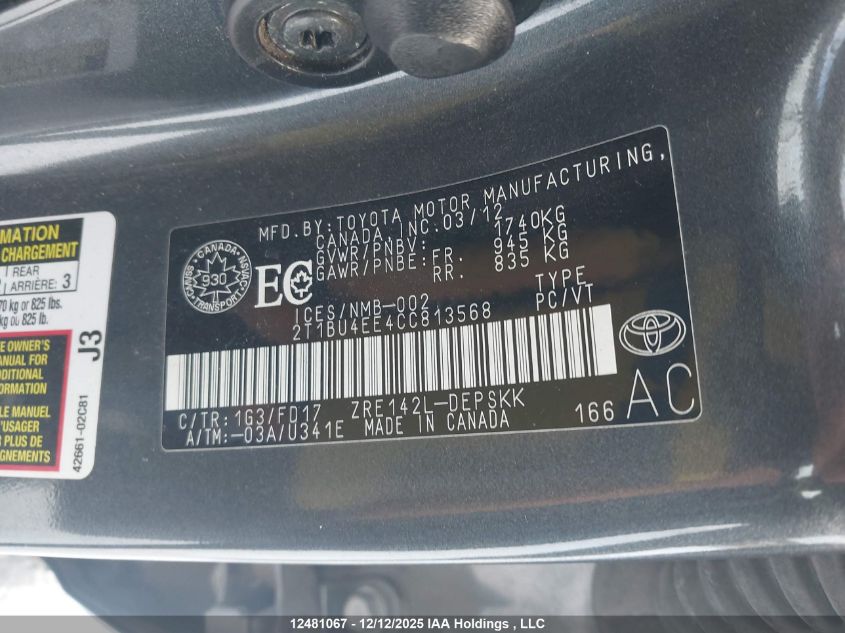 2012 Toyota Corolla VIN: 2T1BU4EE4CC813568 Lot: 12481067