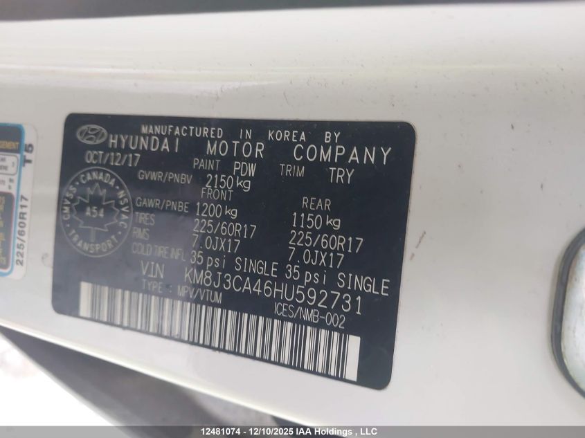 2017 Hyundai Tucson Limited/Sport And Eco/Se VIN: KM8J3CA46HU592731 Lot: 12481074