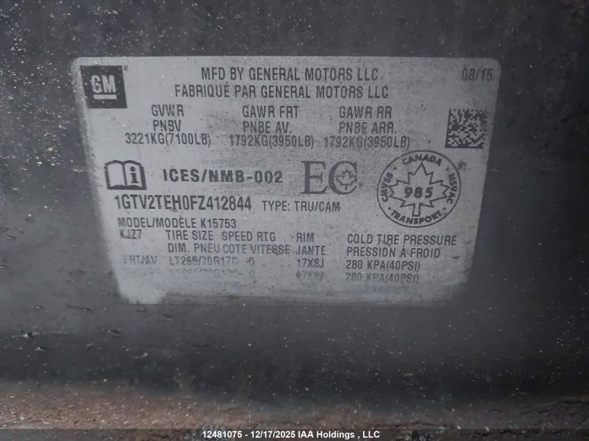 2015 GMC Sierra 1500 VIN: 1GTV2TEH0FZ412844 Lot: 12481075