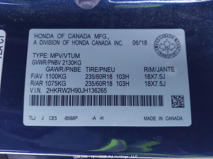 2018 Honda Cr-V Touring VIN: 2HKRW2H90JH136265 Lot: 12481086