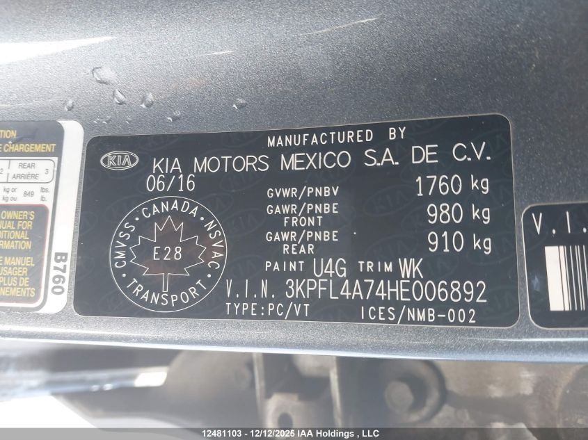 2017 Kia Forte Ex/Ex Luxury/Ex+/Lx/Lx+ VIN: 3KPFL4A74HE006892 Lot: 12481103