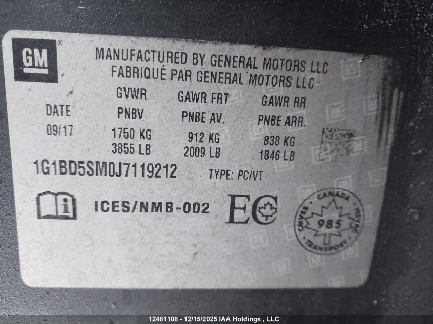 2018 Chevrolet Cruze Lt Manual VIN: 1G1BD5SM0J7119212 Lot: 12481108