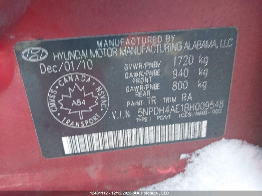 2011 Hyundai Elantra Gls/Limited VIN: 5NPDH4AE1BH009548 Lot: 12481112