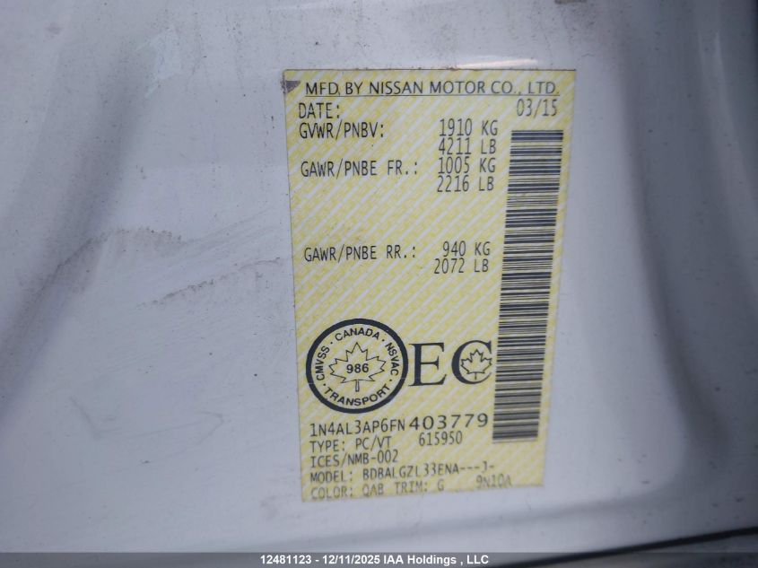 2015 Nissan Altima 2.5/2.5 S/2.5 Sl/2.5 Sv VIN: 1N4AL3AP6FN403779 Lot: 12481123