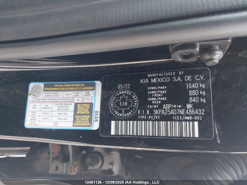 2022 Kia Rio S VIN: 3KPA25AD7NE486432 Lot: 12481126