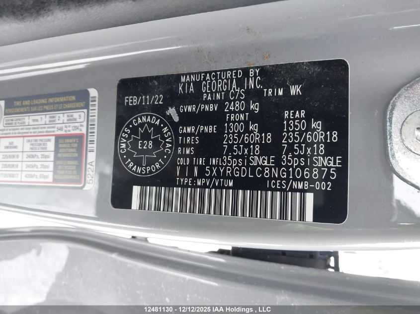 2022 Kia Sorento VIN: 5XYRGDLC8NG106875 Lot: 12481130