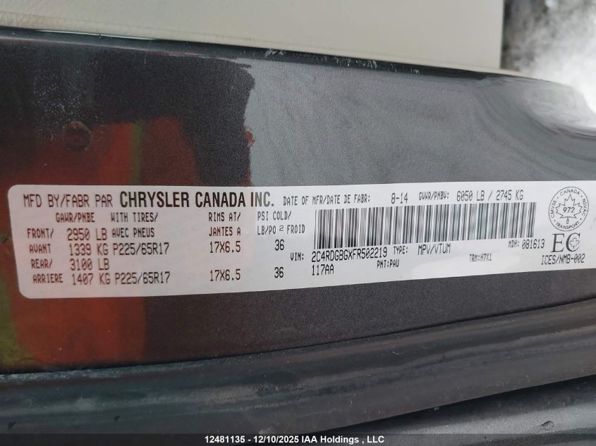 2015 Dodge Grand Caravan Se VIN: 2C4RDGBGXFR502219 Lot: 12481135