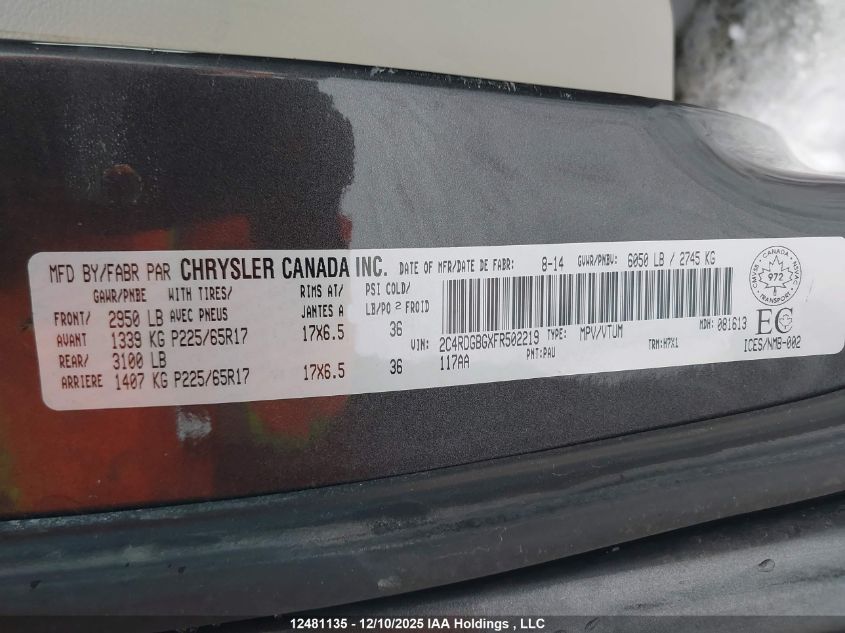 2015 Dodge Grand Caravan Se VIN: 2C4RDGBGXFR502219 Lot: 12481135