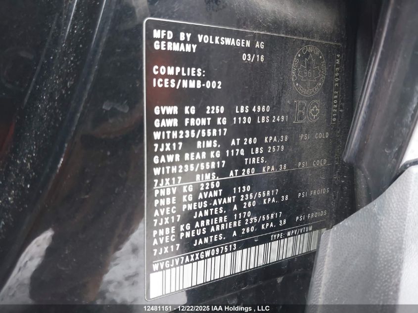 2016 Volkswagen Tiguan Comfortline/Highline/Special Edition VIN: WVGJV7AXXGW097513 Lot: 12481151