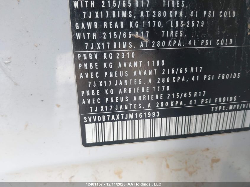 2018 Volkswagen Tiguan Trendline VIN: 3VV0B7AX7JM161993 Lot: 12481157