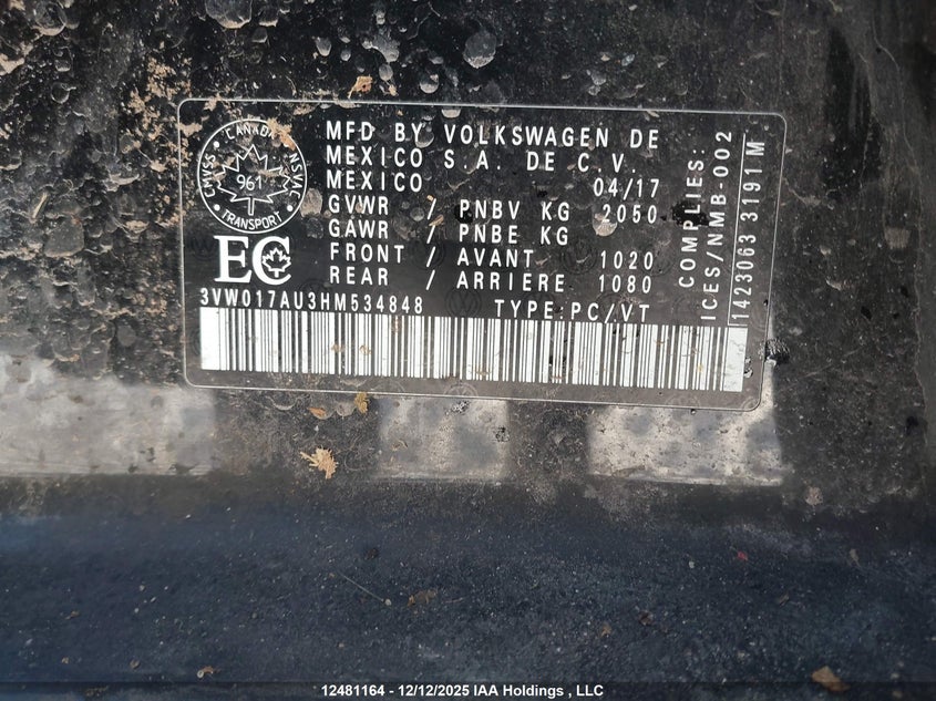 2017 Volkswagen Golf Sportwagen VIN: 3VW017AU3HM534848 Lot: 12481164