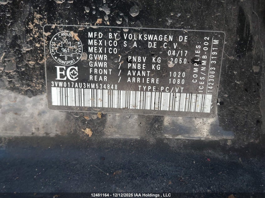 2017 Volkswagen Golf Sportwagen VIN: 3VW017AU3HM534848 Lot: 12481164
