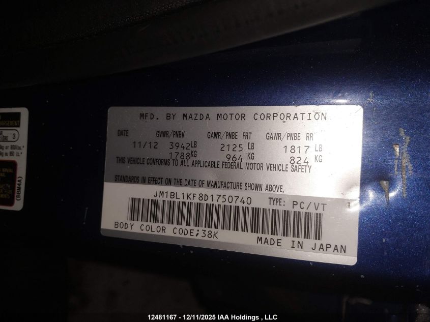 2013 Mazda Mazda3 Gx VIN: JM1BL1KF8D1750740 Lot: 12481167