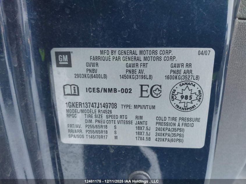 2007 GMC Acadia Sle VIN: 1GKER13747J149708 Lot: 12481175