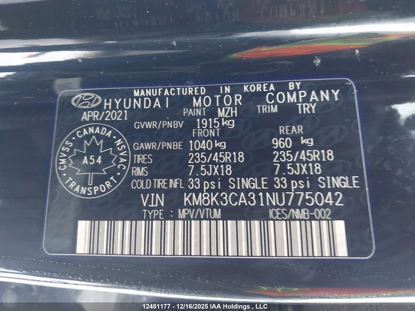 2022 Hyundai Kona VIN: KM8K3CA31NU775042 Lot: 12481177