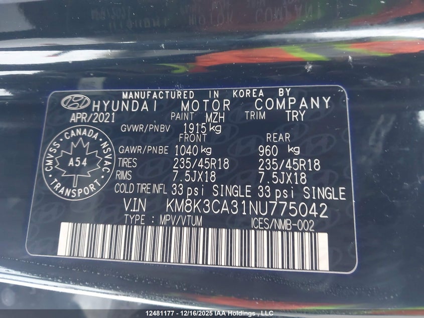 2022 Hyundai Kona VIN: KM8K3CA31NU775042 Lot: 12481177