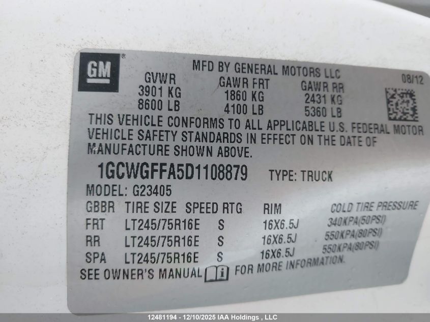 2013 Chevrolet Express 2500 Work Van VIN: 1GCWGFFA5D1108879 Lot: 12481194