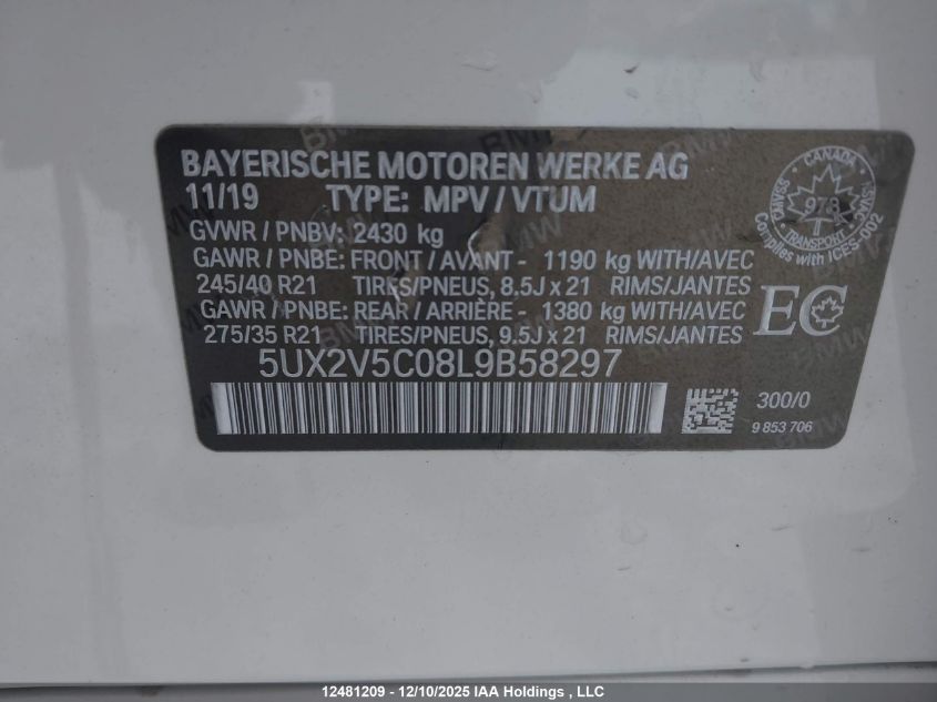 2020 BMW X4 xDrivem40I VIN: 5UX2V5C08L9B58297 Lot: 12481209