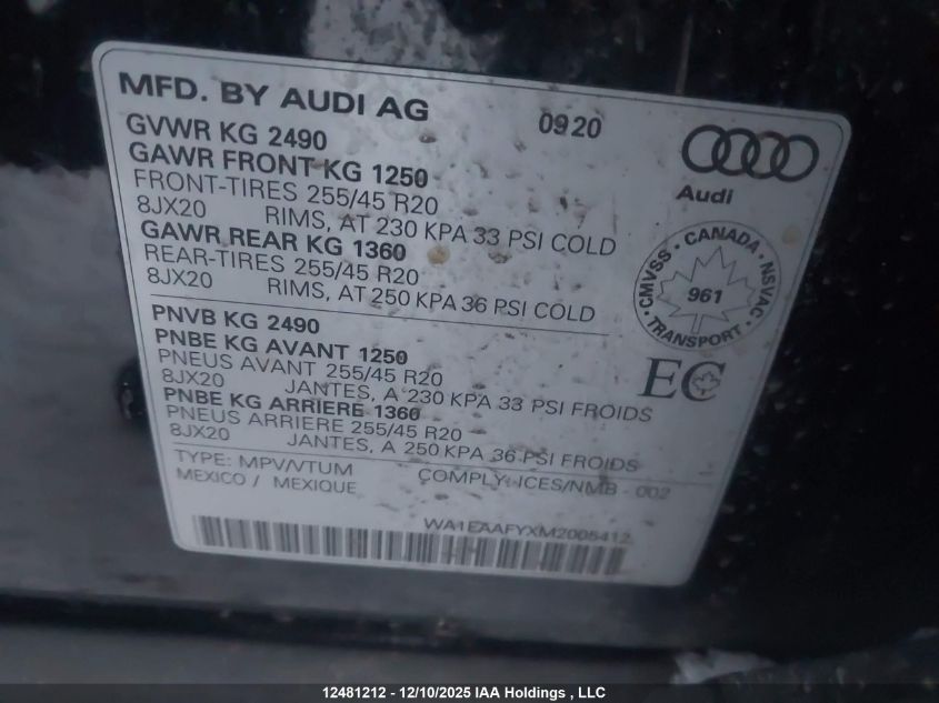 2021 Audi Q5 45 Progressiv VIN: WA1EAAFYXM2005412 Lot: 12481212