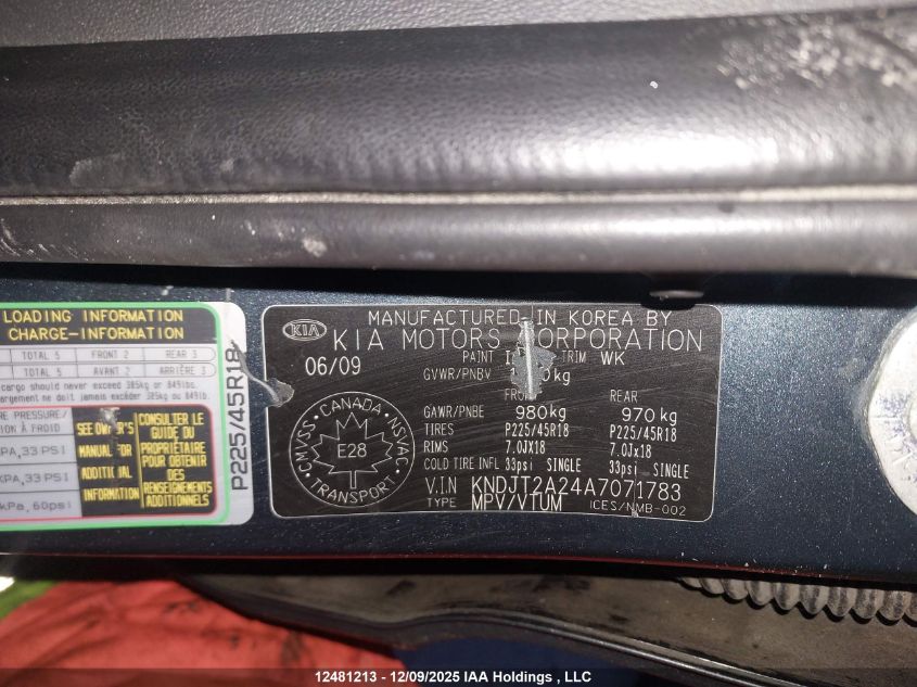2010 Kia Soul 2.0L 2U/2.0L 4U/2.0L 4U Burner/2.0L 4U Retro/2.0L 4U Sx VIN: KNDJT2A24A7071783 Lot: 12481213