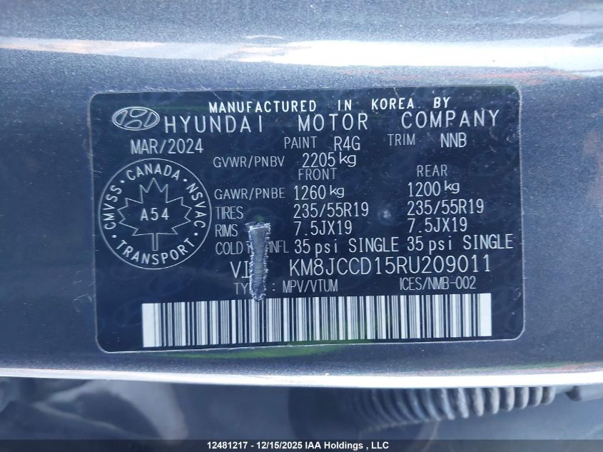 2024 Hyundai Tucson Sel Convenience VIN: KM8JCCD15RU209011 Lot: 12481217