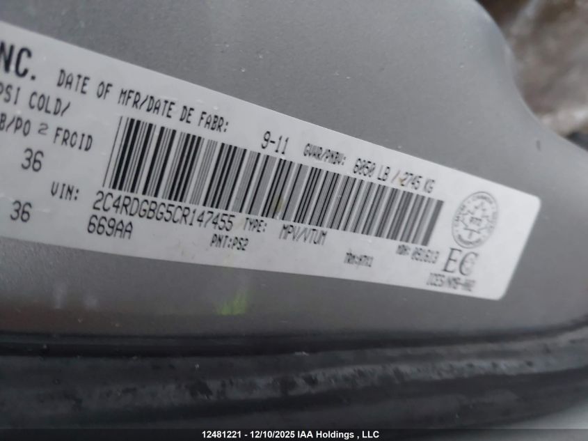 2012 Dodge Grand Caravan VIN: 2C4RDGBG5CR147455 Lot: 12481221