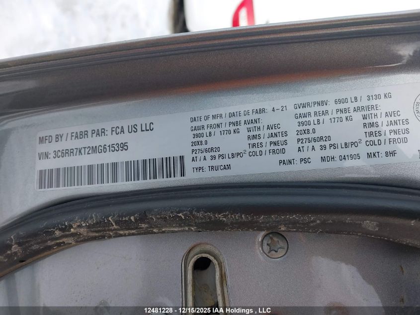 2021 Ram 1500 Classic Tradesman VIN: 3C6RR7KT2MG615395 Lot: 12481228