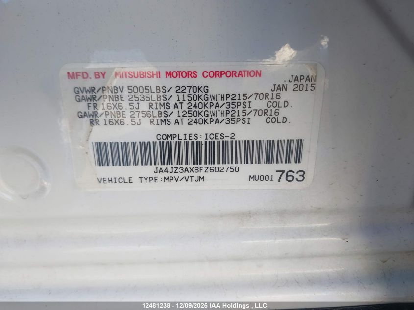 2015 Mitsubishi Outlander Se VIN: JA4JZ3AX8FZ602750 Lot: 12481238