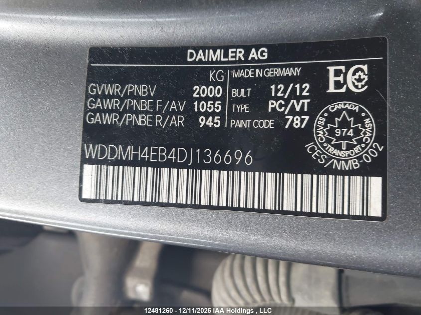 2013 Mercedes-Benz B 250 Sports Tourer VIN: WDDMH4EB4DJ136696 Lot: 12481260