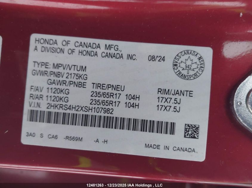 2025 Honda Cr-V Lx VIN: 2HKRS4H2XSH107982 Lot: 12481263