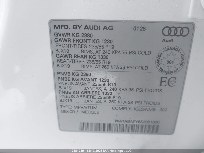 2025 Audi Q5 40 VIN: WA1ABAFY6S2051800 Lot: 12481289