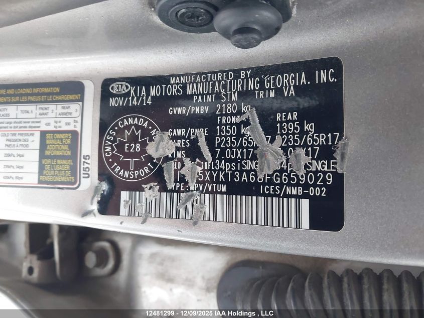2015 Kia Sorento Lx VIN: 5XYKT3A68FG659029 Lot: 12481299