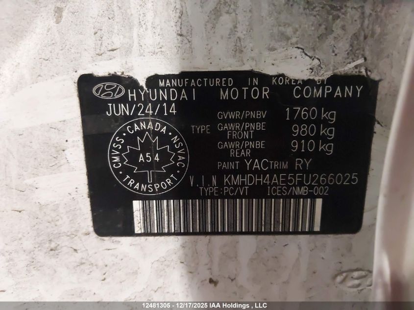 2015 Hyundai Elantra VIN: KMHDH4AE5FU266025 Lot: 12481305