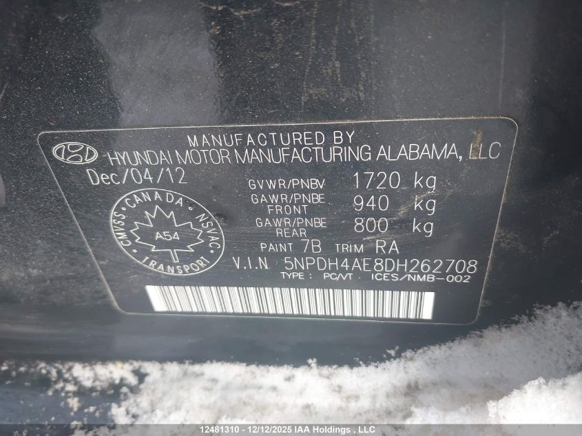 2013 Hyundai Elantra Gls VIN: 5NPDH4AE8DH262708 Lot: 12481310