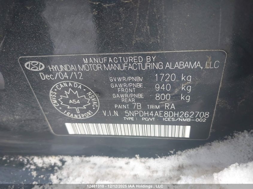 2013 Hyundai Elantra Gls VIN: 5NPDH4AE8DH262708 Lot: 12481310