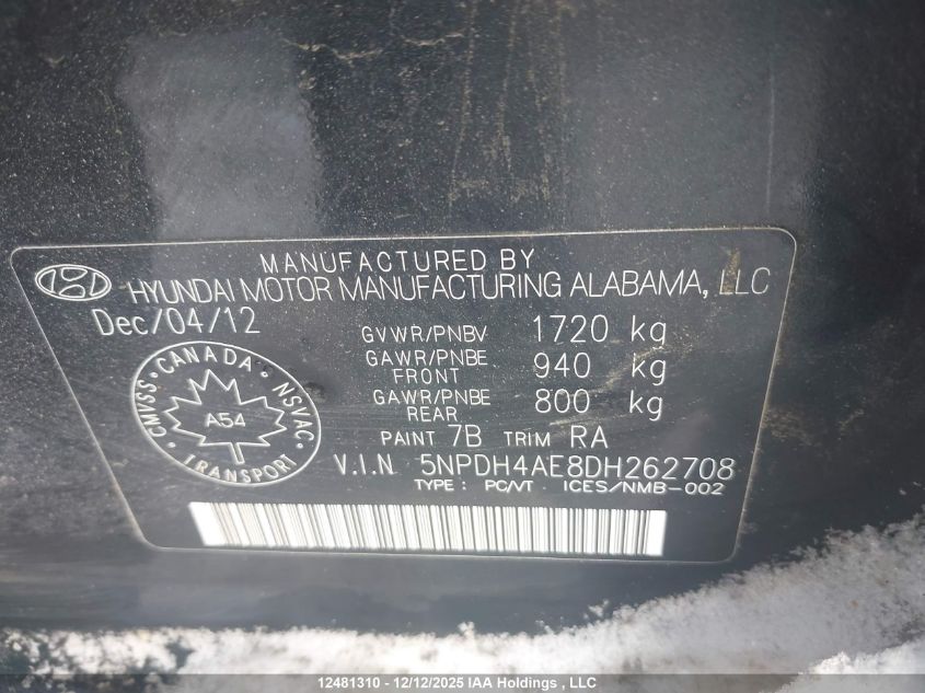 2013 Hyundai Elantra Gls VIN: 5NPDH4AE8DH262708 Lot: 12481310