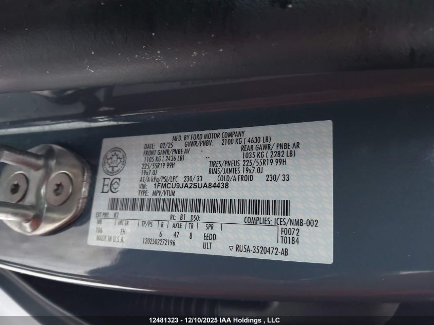 2025 Ford Escape Platinum VIN: 1FMCU9JA2SUA84438 Lot: 12481323