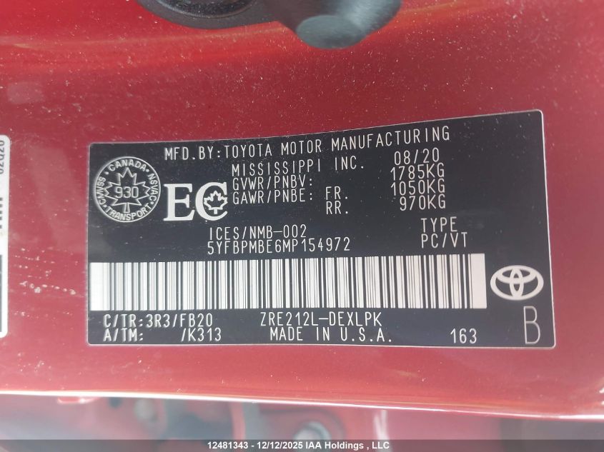 2021 Toyota Corolla VIN: 5YFBPMBE6MP154972 Lot: 12481343