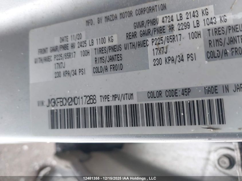 2021 Mazda Cx-5 Gs/Kuro Edition/Signature VIN: JM3KFBCM2M0117268 Lot: 12481355