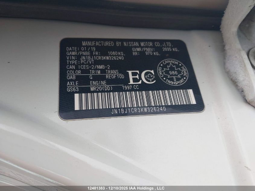 2019 Nissan Qashqai VIN: JN1BJ1CR3KW326240 Lot: 12481383