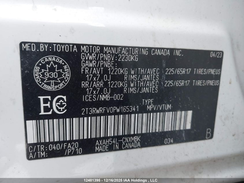 2023 Toyota Rav4 Hybrid VIN: 2T3RWRFV0PW165341 Lot: 12481395