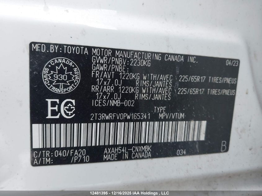 2023 Toyota Rav4 Hybrid VIN: 2T3RWRFV0PW165341 Lot: 12481395