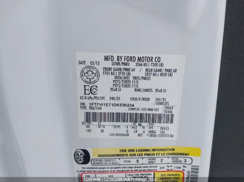 2013 Ford F-150 Fx4 VIN: 1FTFW1ET1DKE90234 Lot: 12481408