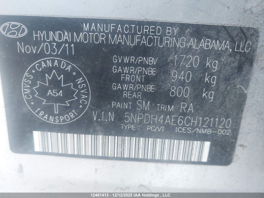 2012 Hyundai Elantra Gl VIN: 5NPDH4AE6CH121120 Lot: 12481413