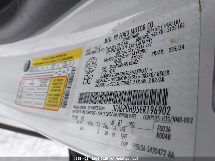 2014 Ford Fusion Se VIN: 3FA6P0HD5ER196902 Lot: 12481429